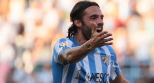 MALAGA, SPAIN - AUGUST 23:  Luis Alberto of Malaga CF (R) celebrates with Sergio Sanchez after scoring against Athletic Club Bilbao at La Rosaleda Stadium on August 23, 2014 in Malaga, Spain.  (Photo by Sergio Camacho/Getty Images)