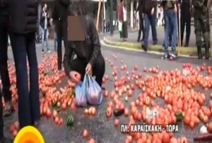 Εικόνες που συγκλονίζουν: Άνδρας μαζεύει από τον δρόμο τις ντομάτες που πέταξαν οι αγρότες στα ΜΑΤ!